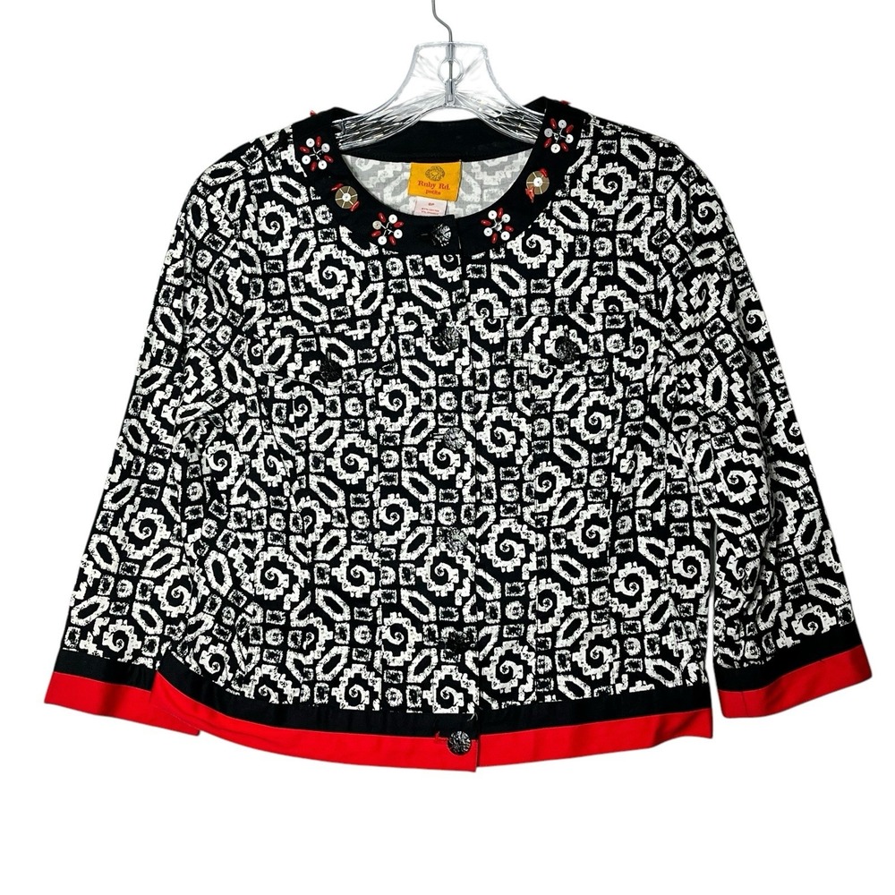 Ruby Rd Petite Black White Geometric Print‎ Embellished Collar Jacket 8P